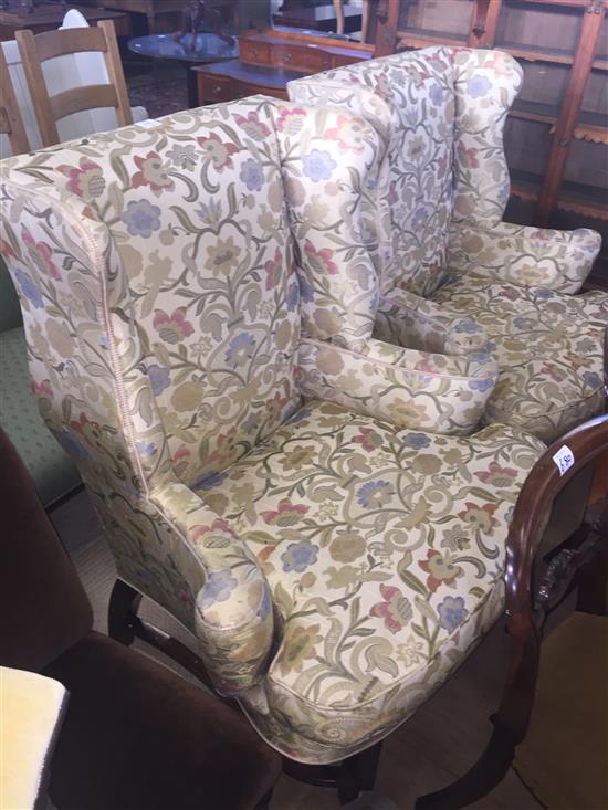 Pair wing back armchairs